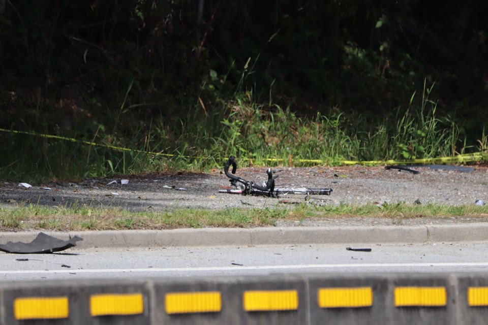 The remnants of a bicycle after it and the rider were struck by a driver Saturday afternoon on Gaglardi Way. The cyclist has since died. SHANE MACKICHAN PHOTO