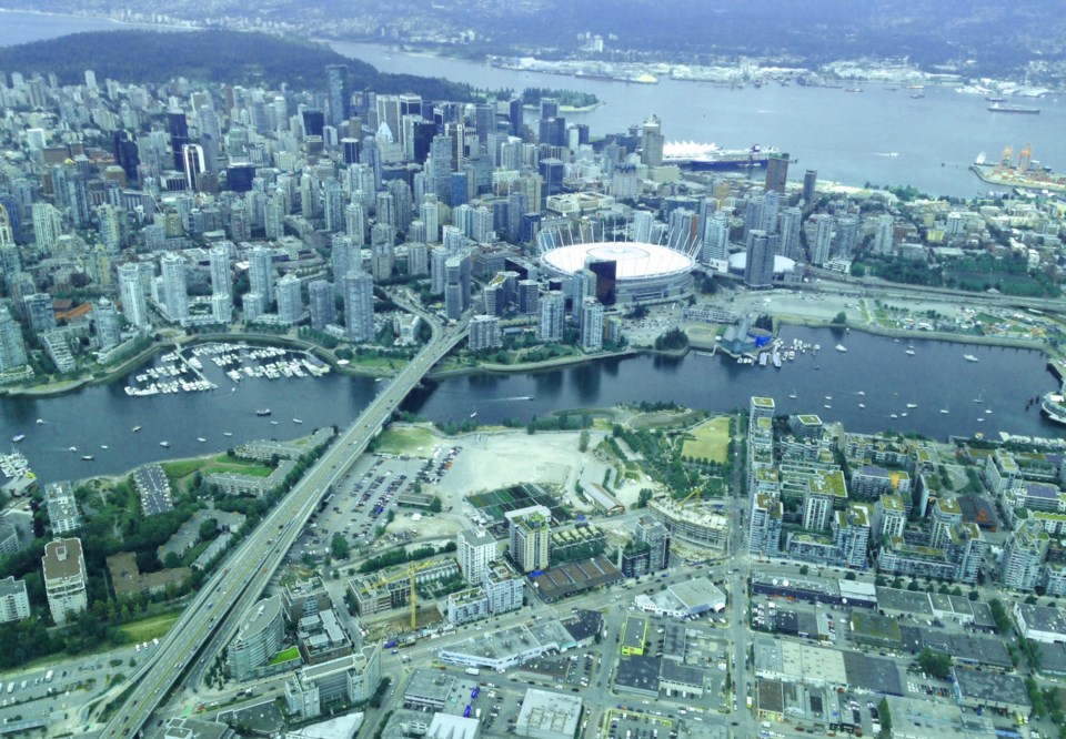 Aerial shot downtown Vancouver and Olympic Village