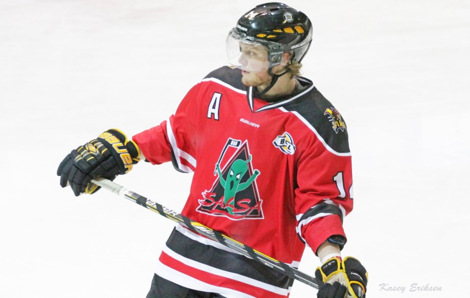 Cole Pickup wears a retro Victoria Salsa jersey while playing for the Victoria Grizzlies.