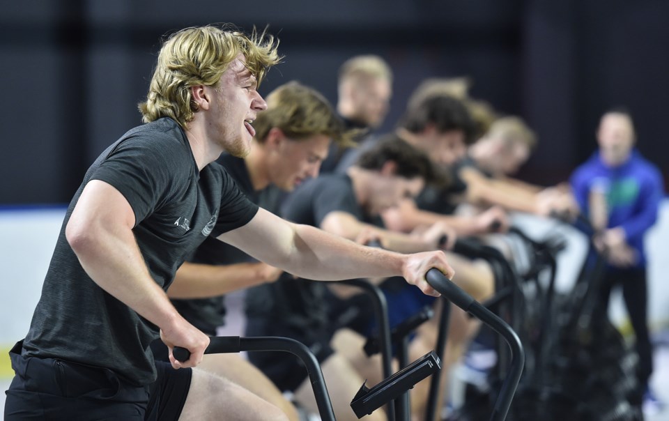 Adrian Elefalk on the bike at Canucks 2019 prospect development camp.