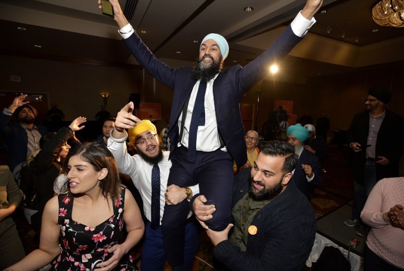 NDP leader Jagmeet Singh shown here celebrating his February byelection victory as MP for Burnaby So