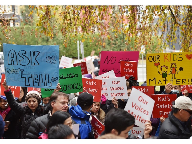 More than 200 people held a protest outside city hall in November 2017 opposing modular housing in Marpole. Photo Dan Toulgoet