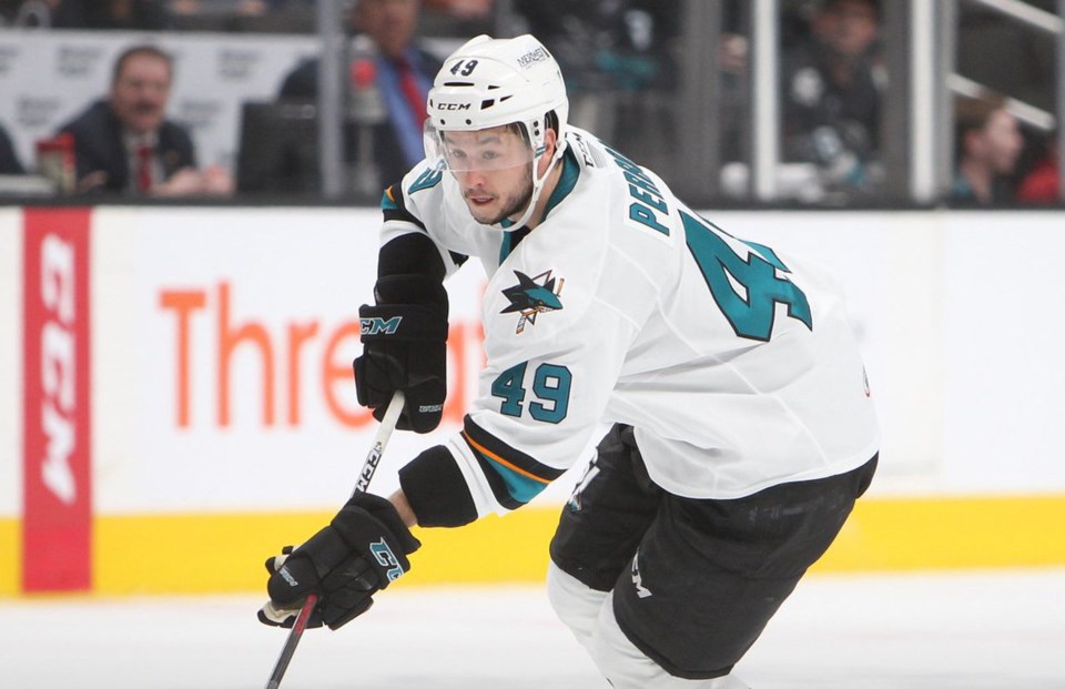 Francis Perron carries the puck for the San Jose Barracuda.