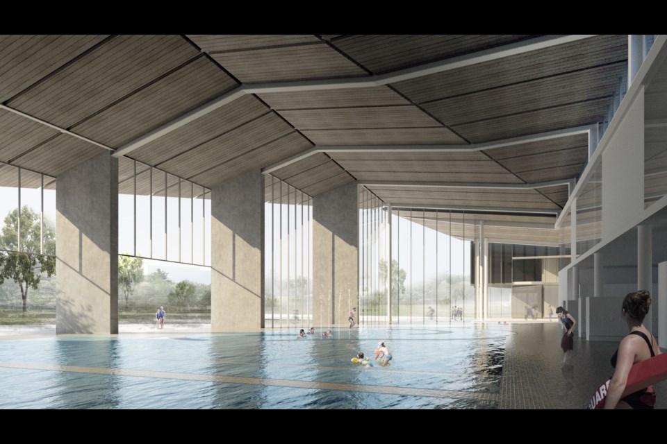 This architectural rendering of the leisure pool in the city's future aquatic facilty shows a wall of glazed doors that will be able to be opened.