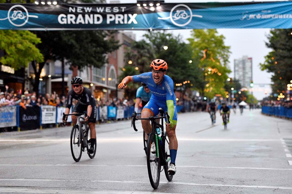 Celebrating his third straight New West Grand Prix win is Germany's Florenz Knauer on Tuesday.