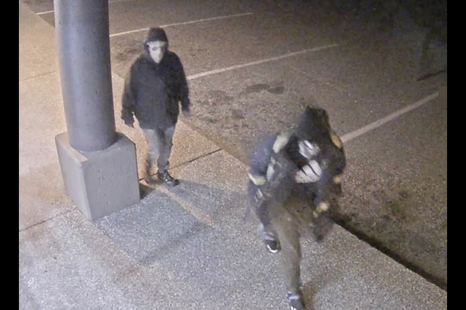 Two masked men were caught on video trying to break into the deposit box at the Scotiabank branch at 6750 Island Highway North, Nanaimo, on July 2. Photo courtesy Nanaimo RCMP
