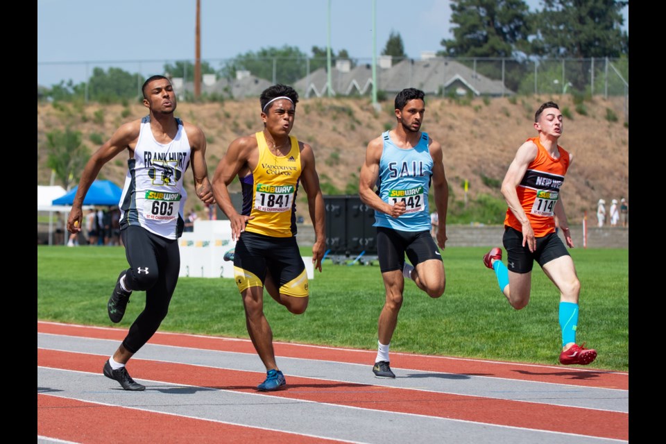 New Westminster's Jeremy Belcher, shown above at the 2019 B.C. High School track and field championships, is among the newest members of the SFU track and field program.