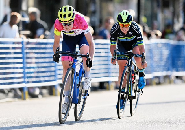 Making her move, Californian Kendall Ryan, at right, races Adriane Bonhomme down the stretch of the 2019 Giro di Burnaby, part of the B.C. Superweek cycling circuit.