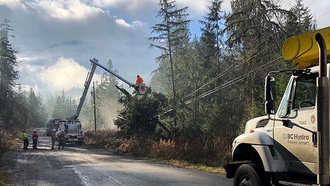 BC Hydro crews work to fix downed power lines. 2019 saw some of the most damaging wind storms in BC