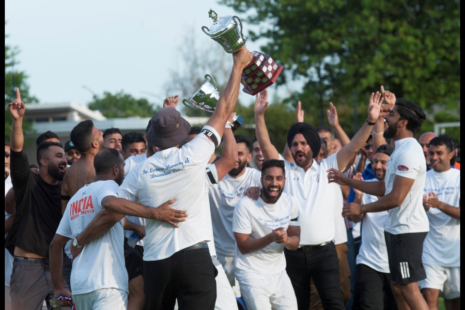 India celebrates its 2-1 win over Croatia in the Men's Open final on Sunday night at the 40th annual Nations Cup at Hugh Boyd. The tournament run was dedicated to the memory of player Brandon Bassi who lost his life in a May car accident.