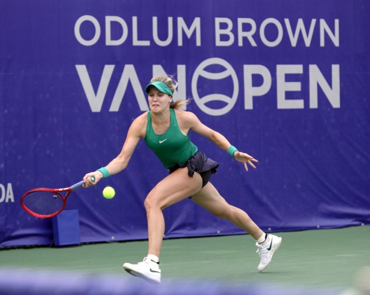 Eugenie Bouchard loads up a shot during the 2018 Odlum Brown VanOpen. photo Lisa King, North Shore News