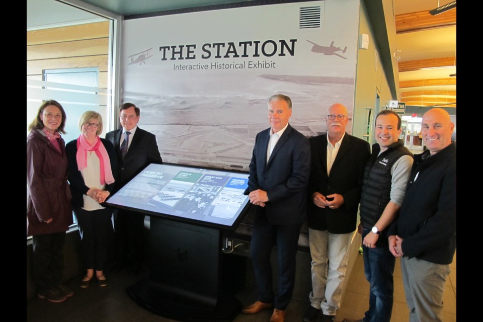 The City of Delta and Alpha Aviation unveiled The Station interactive historical exhibit at Boundary Bay Airport on Wednesday morning. Pictured from left; Coun. Jennie Kanakos, Delta MP Carla Qualtrough, Alpha Aviation CEO Fred Kaiser, Mayor George Harvie, Delta South MLA Ian Paton, Coun. Dylan Kruger and Coun. Dan Copeland.