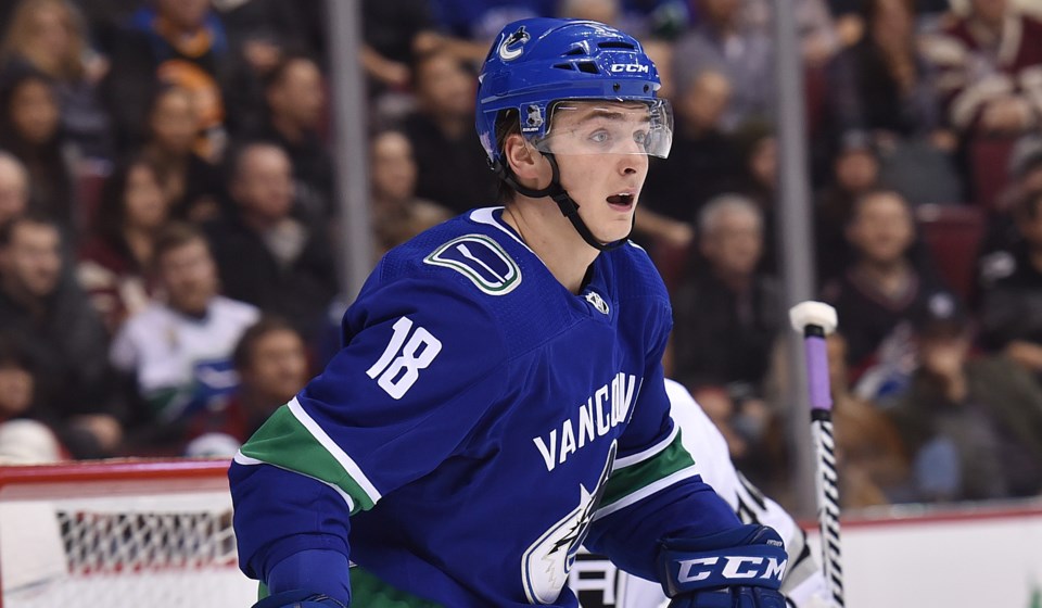 Jake Virtanen of the Vancouver Canucks sets up in front of the Los Angeles Kings net.