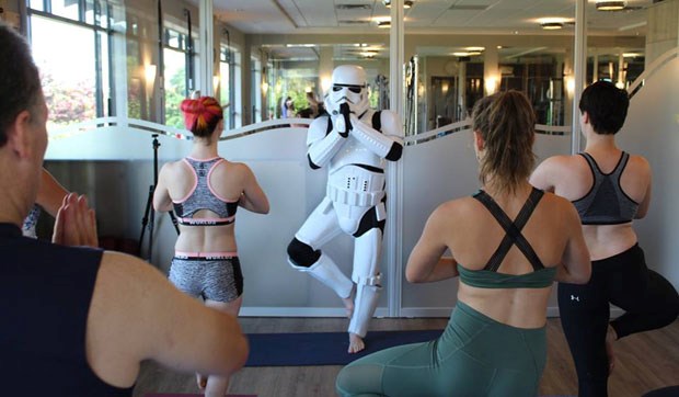 A stormtrooper leads a yoga class at Tsawwassen Wellness Centre.