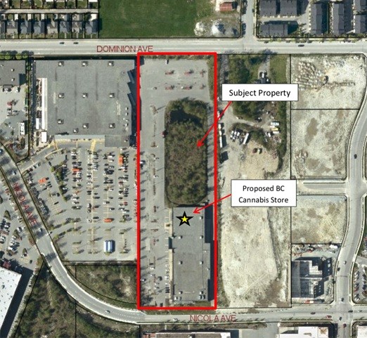 The proposed site of a 6,600 sq. ft. BC Cannabis store on Nicola Avenue near Home Depot in Port Coquitlam.