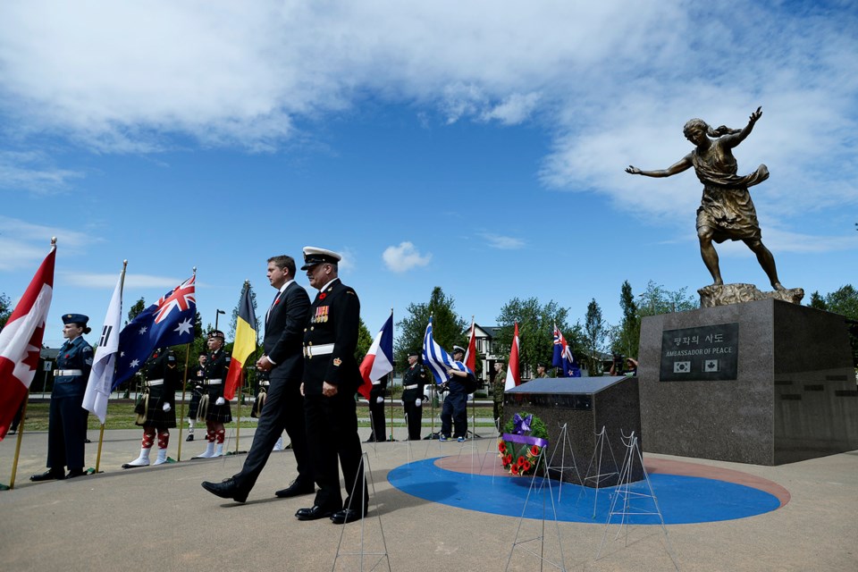Conservative Party Leader Andrew Scheer at the Korean War Veterans Day ceremony, which was held at the Ambassador of Peace war memorial in Central Park.
