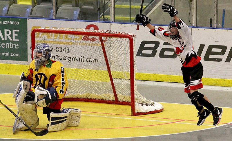 MARIO BARTEL/THE TRI-CITY NEWS
Team BC Bobcats captain Connor Kahle celebrates his late game-tying goal against New Tecumseh Xtreme in their U15 preliminary round game at the Canadian junior national ball hockey championships, held last weekend at the Poirier Sport and Leisure Complex.