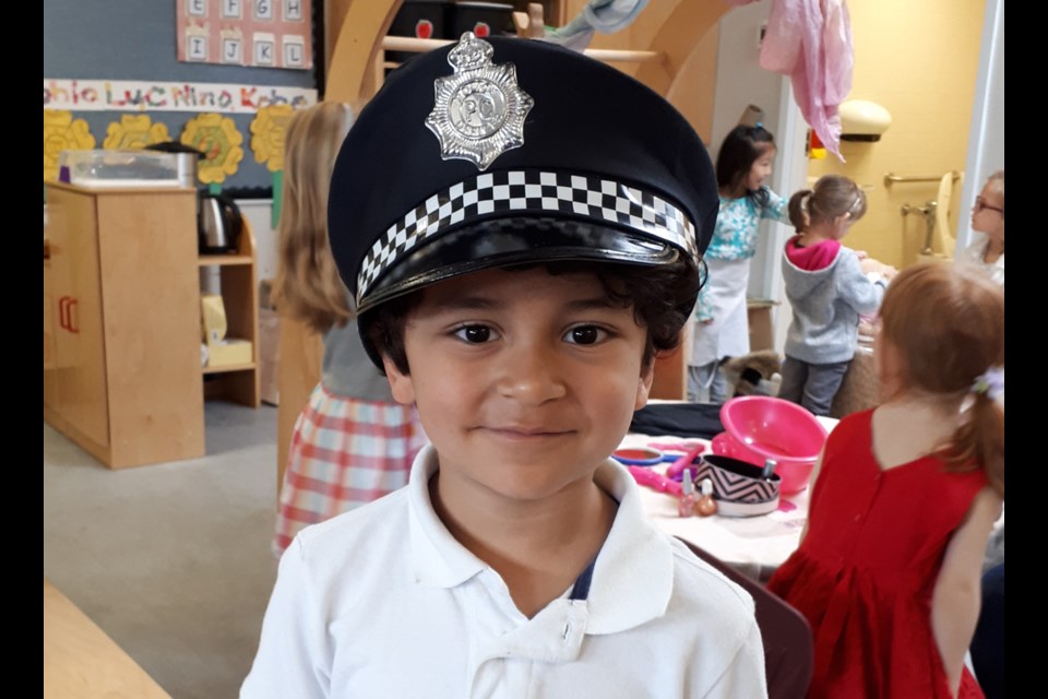 École Brantford Elementary kindergartner Benjamin Poco-Nava was one of three police officers in Busytown, a classroom community that donated $100 to the Burnaby Hospital Foundation recently.