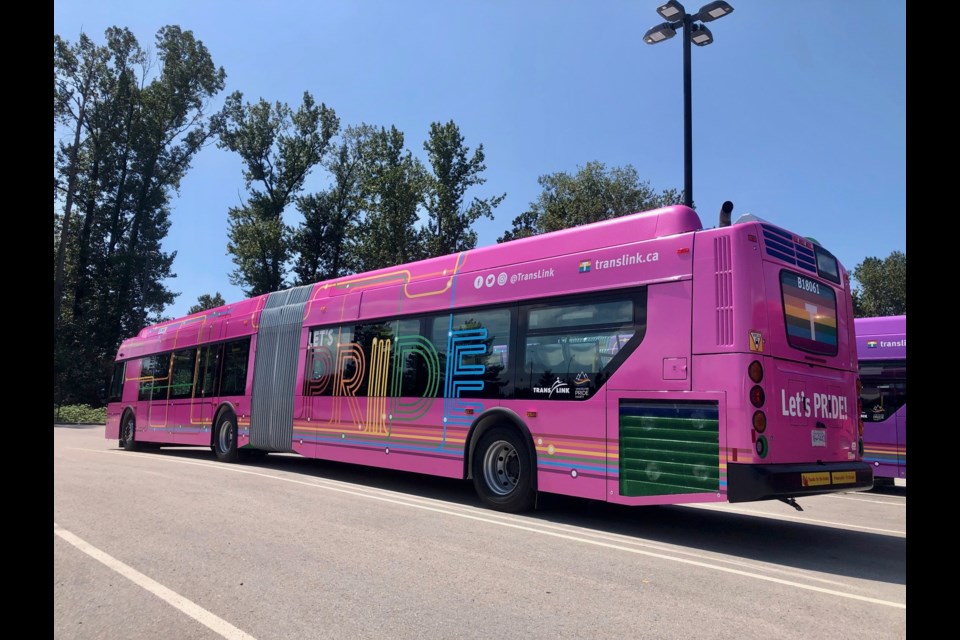TransLink’s pink Pride bus can be seen on some routes around the city ahead of Sunday’s Pride Parade. Photo courtesy TransLink