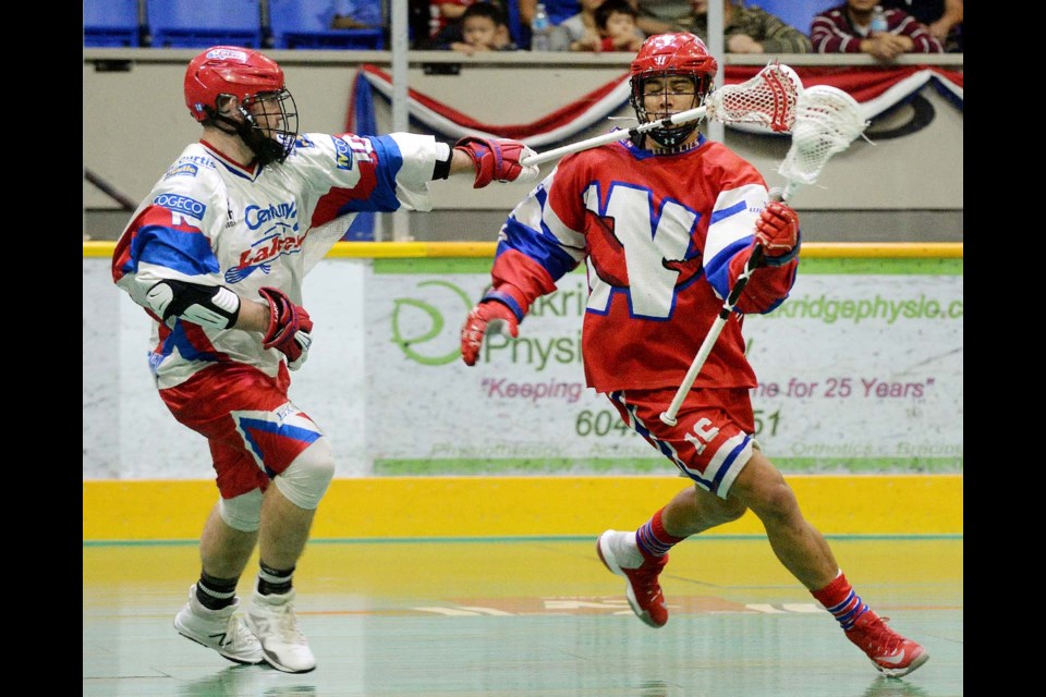 New Westminster's Mitch Jones, shown at right during the 2017 Mann Cup championships, was named the Denny Huddleston Memorial Award recipient as the league's scoring champion.