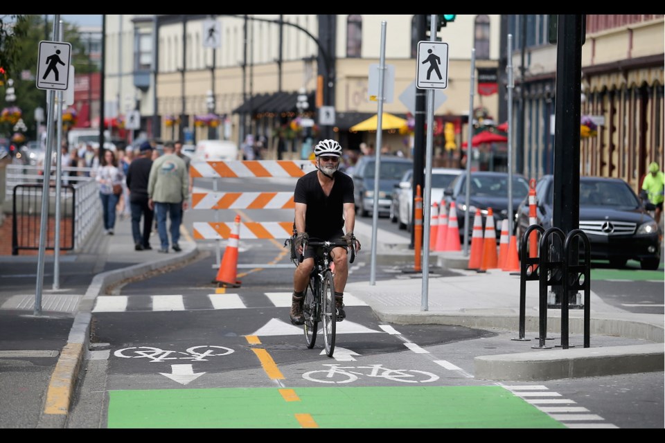 The Wharf Street bike lanes, above, partially opened last week. Next up: Vancouver Street.