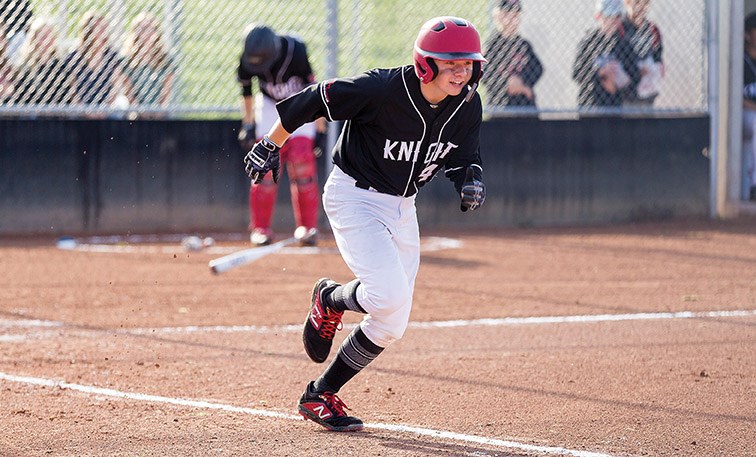 Prince George Jepson Petroleum Knights player Logan Dreher makes his way to first base against the Tri City Thunder on Tuesday morning at Nechako Park during a 2019 U15 B.C. Minor Baseball Bantam double-A provincial championships semifinal match-up. Citizen Photo by James Doyle