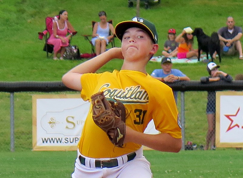 Coquitlam pitcher Timothy Piasentin rears back in Monday's game against Ontario.