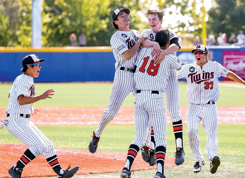 Members of the North Shore Twins celebrate after getting the final out in the BCPBL championship final Sunday at UBC. photo supplied Christian J. Stewart