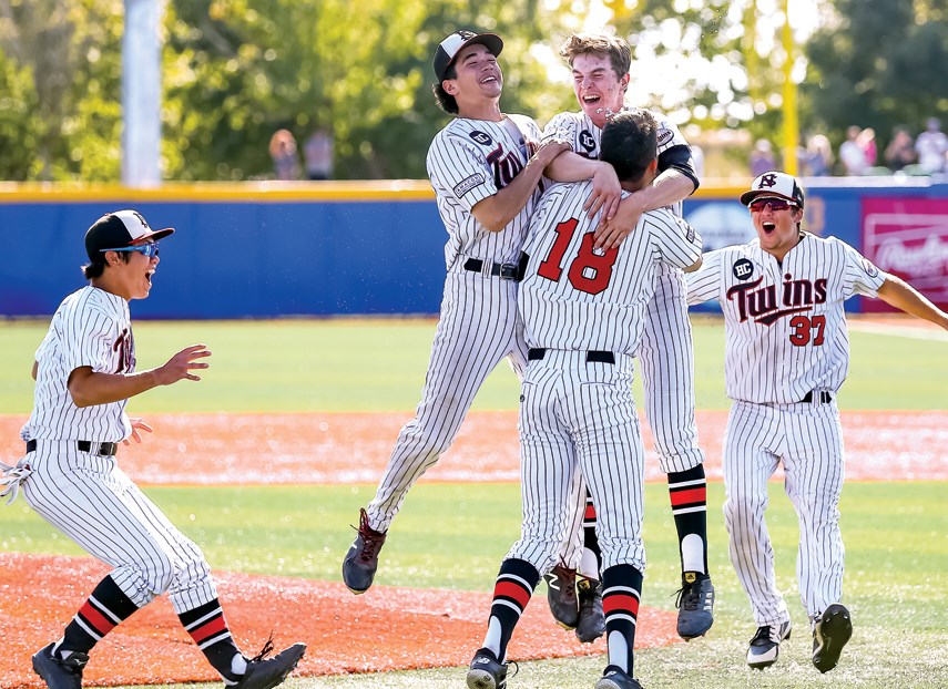 Members of the North Shore Twins celebrate after getting the final out in the BCPBL championship final Sunday at UBC. photo supplied Christian J. Stewart