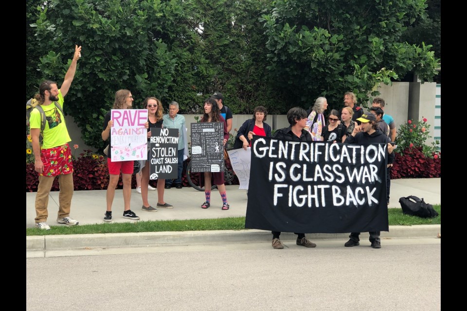 Protestors gathered outside Chip Wilson’s Point Grey mansion Saturday afternoon for a “rave against renovictions.” Photo Jessica Kerr