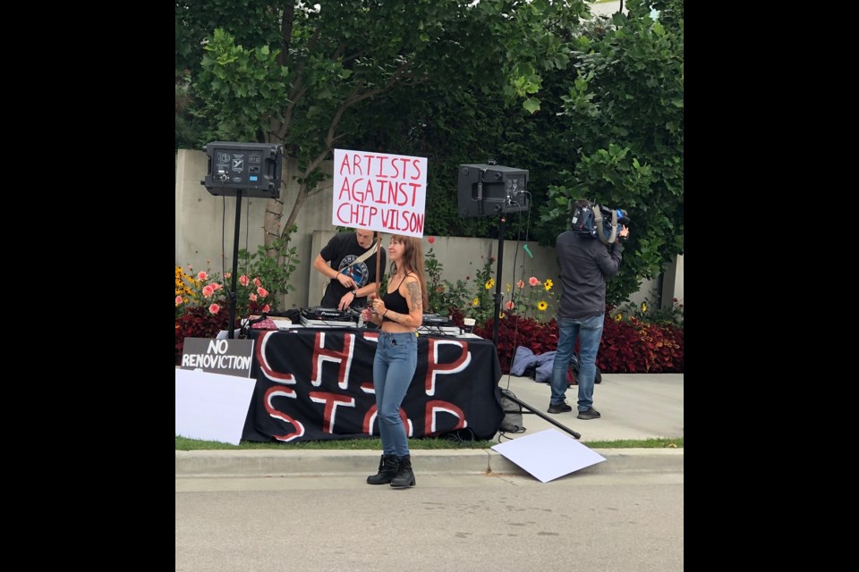 Protestors gathered outside Chip Wilson’s Point Grey mansion Saturday afternoon for a “rave against renovictions.” Photo Jessica Kerr