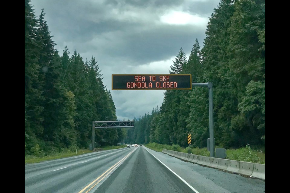 The sign along Highway 99 near Alice Lake on Sunday.