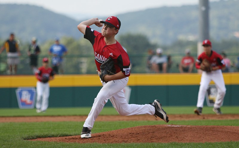 THOMAS SALUS/LITTLE LEAGUE BASEBALL AND SOFTBALL
Coquitlam Little League starting pitcher Matthew Shanley overcame a shakey start in Canada's opening game against Mexico at the Little League World Series, Friday in Williamsport, Penn. But the 31 pitches he threw in the first inning cost him as he hit the mandatory 85-pitch limit in the fourth inning. Canada, losing 1-0 at the time, went on to commit four errors and give up four more runs in a 5-0 loss.