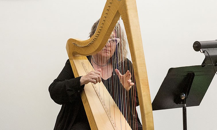 Sharlene Wallace plays her harp on Saturday night at the Prince George Conservatory of Music during her harp performance called Journey of Shadows. Citizen Photo by James Doyle