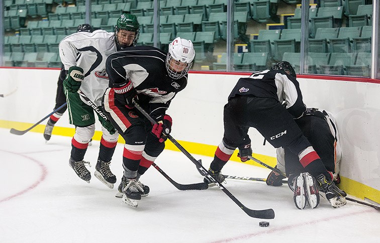 Team Hamhuis (black) took on Team Brewer (white) on Friday night at CN Centre during the Young Guns game on the opening day of Prince George Cougars training camp. Team Brewer defeated Team Hamhuis by a score of 6-5 in overtime. Citizen Photo by James Doyle