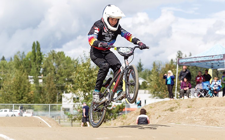 Dane Kerluck of Campbell River manuals over a jump at Rolling Mix Supertrak BMX Park on Saturday afternoon while competing in a moto race of the BMX Canada Northern Lights National #1. Citizen Photo by James Doyle