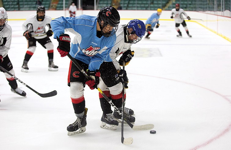 Team Chara player Wyatt Milner (blue) and Team Byfuglien player Brandan Tronchin battle the loose puck on Sunday afternoon at CN Centre as part of Prince George Cougars training camp. Citizen Photo