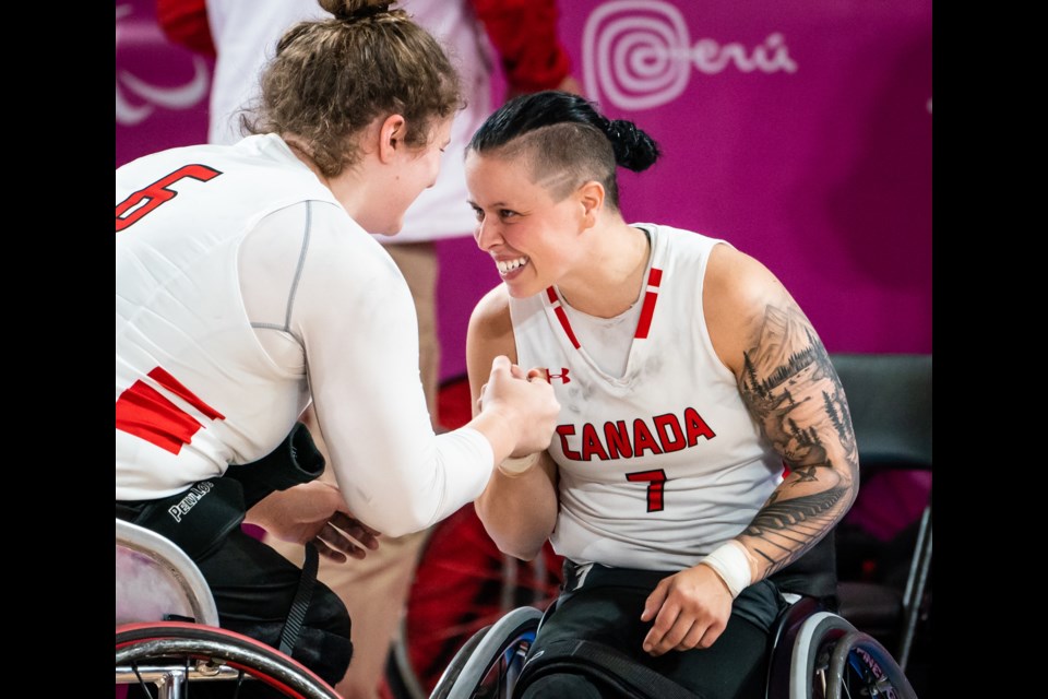 Players from Canada's women's wheelchair basketball team celebrate their semifinal win over Brazil early Friday at the Para PanAm Games in Lima, Peru. Canada and the United States faced each other in the championship game Friday evening.