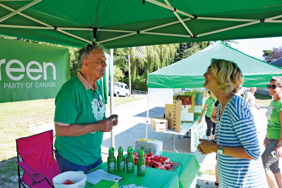Green candidate Dana Taylor and outgoing Liberal MP Pam Goldsmith-Jones had a chance to chat during the Labour Day Picnic at Dougall Park in Gibsons.