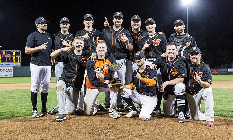 The JRJ Construction Orioles are the 2019 Prince George Senior Men’s Baseball League champions after defeating the Queensway Auto World Mariners by a score of 2-1 in 8 innings to repeat as league champs on Tuesday evening at Citizen Field. Citizen Photo by James Doyle