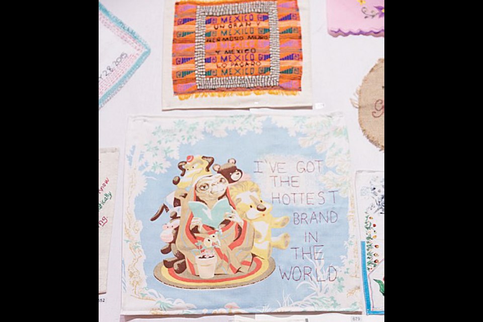 A Donald Trump quote adorns a piece of E.T.-themed fabric at Lingua Franca&rsquo;s Tiny Pricks exhibition in New York City.