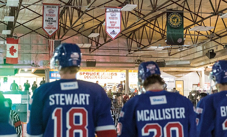 Prince George Spruce Kings watch as the Doyle Cup banner is displayed during a ceremony before the game against the Surrey Eagles on Friday night at Rolling Mix Concrete Arena. Citizen Photo by James Doyle
