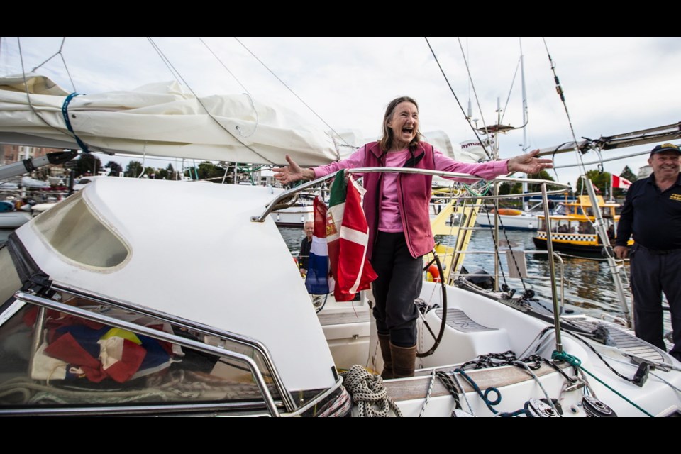 Around-the-world sailor Jeanne Socrates arrives at Ship Point in Victoria's Inner Harbour.