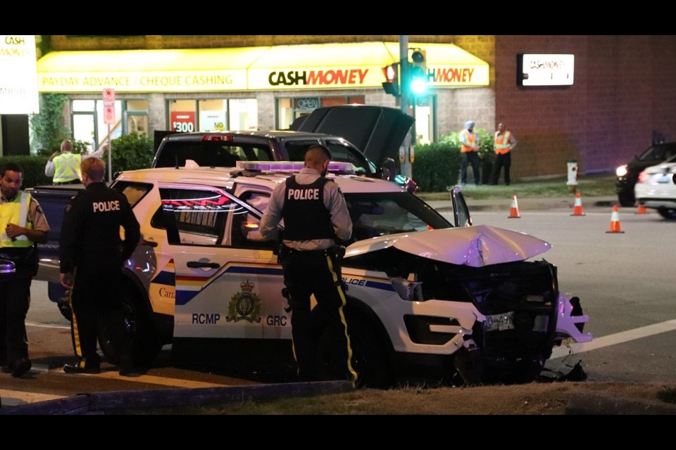 A Burnaby RCMP cruiser was involved in three-vehicle crash at the corner of Kingsway and Griffiths on Saturday night. Shane MacKichan photo