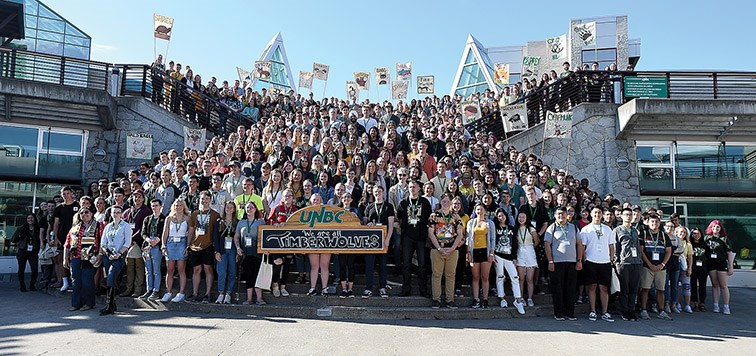 Undergraduate and graduate students gathered for a group picture in the agora at UNBC Tuesday morning during the orientation prior to classes starting. As of August 15th there are a total of 2,451 undergraduate students and 335 graduate students. Of those totals, 225 are international students. Citizen photo by Brent Braaten
