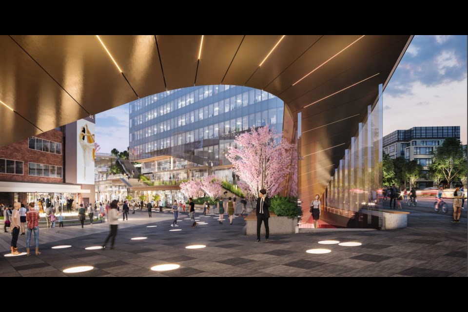 View from transit plaza looking west. Rendering Henriquez Partners Architects