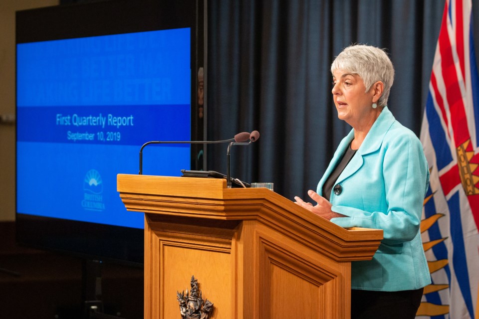 Finance minister Carole James delivers the province’s quarterly economic update Sept. 10. Photo Prov