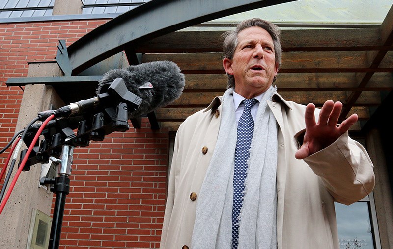 Ian Donaldson, defence lawyer for Port Moody Mayor Rob Vagramov, speaks to the media outside Port Coquitlam provincial court on Thursday.