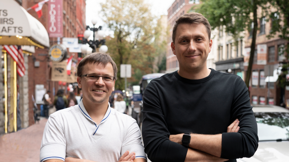 Grammarly Inc. co-founder Max Lytvyn, left, and Alex Shevchenko outside the tech company's new Gasto