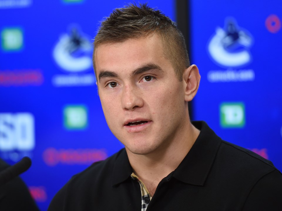 Micheal Ferland answers questions at the Canucks 2019 media day.
